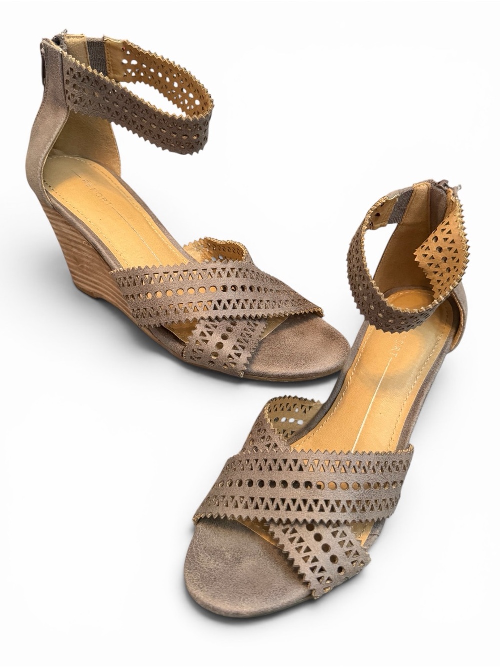 Report Stone Laser-Cut Ankle-Strap Wedges
